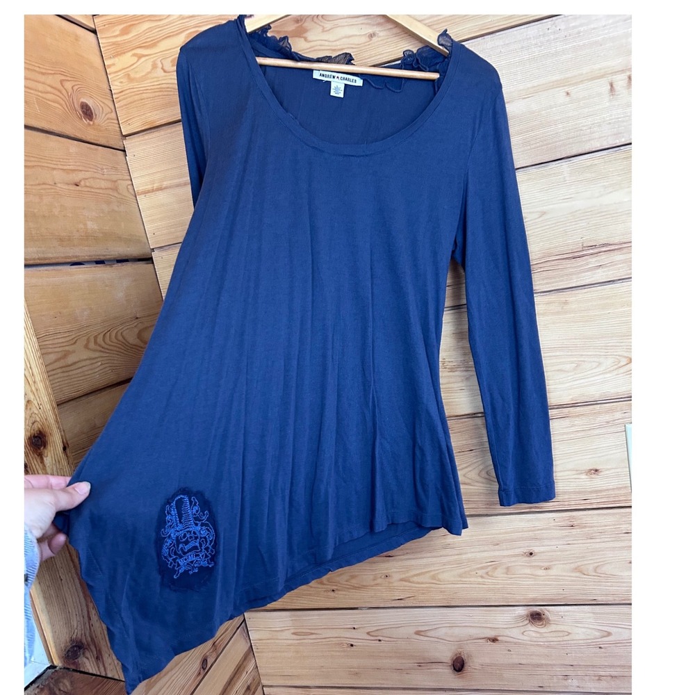 Andrew Charles Navy Blue Long Sleeve Asymmetrical Hem Mesh Trim Top Large Skull